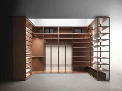 China Wood cabinets for cloth and shoe racks used by Wardrobe closet and shelves in Walnut wood with metal tubes for sale