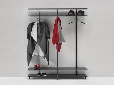 China Wall cabinets Cloth rack display made by Metal tube in powder coating with wood shelves wall for sale