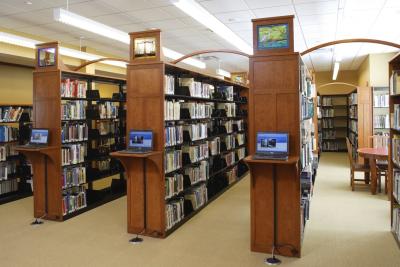 China Library Furniture Bookcase in wood shelves used Walnut wood with Metal racks and Study table chairs set for sale