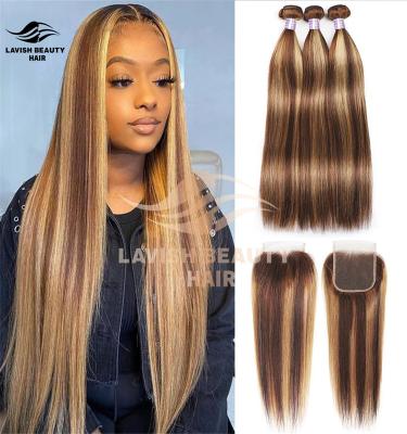 China Lavishbeauty RTS Silky Straight Wave Accent Straight Hair Bundles With Closure 4/27 Honey Blonde Brazilian Hair 3/4 Bundle With Closures for sale