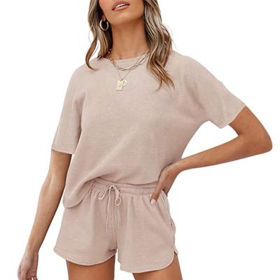 China Women's Breathable Waffle Knit Long Sleeve Tops And Shorts Jumper Nightgowns Lounge Pajamas Set With Pockets for sale