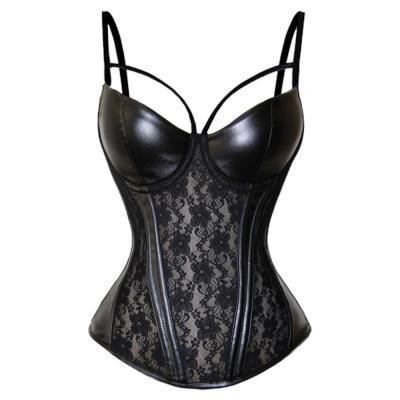 China Steel Boned Corset Overbust Steampunk Corset Body Shaper Bustier PU G-string Lace Antibacterial Leather Waist Corset Lingerie Gothic for sale