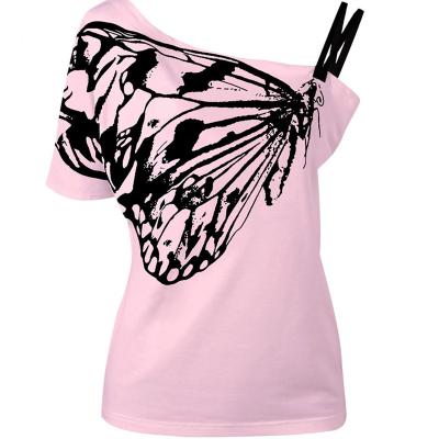 China Anti-Shrinkage In The Dew Irregular Shoulder Strap Printing Summer New Women'S Butterfly Female T-shirt for sale