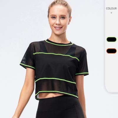 China Outdoor Breathable Workout Gym Girls Crop Top Mesh Design Black Top T-Shirts Breathable Summer Wear Sexy Quick Dry Sportswear Women Sweats for sale