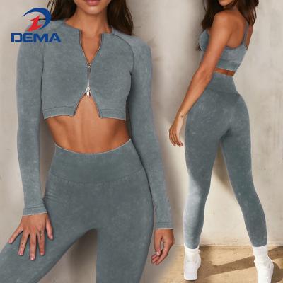 China Hot Selling Breathable Sand-washed Denim-like Seamless 5PCS Set Knitted Yoga Double Wear Long Sleeve Zipper Sports Fitness Suit for sale