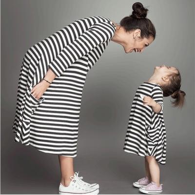 China Parent-child Breathable Family Kids Stripe Outfits Women Girl Matching Long Dress for sale