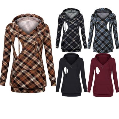 China Breathable Promotion Pregnant Woman With Long Sleeves Checked Print Hoodie Breastfeeding Hoodie Blouse for sale