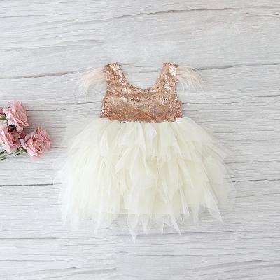 China Tiered Princess Dresses Kids Party Mini Girls Dress Fluffy Anti-wrinkle Feather Sequins Tulle For Baby Girls Clothes 2-6Y E13846 for sale