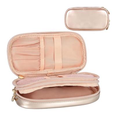 China Custom Logo High Quality Double Layer PU Leather Make Up Bag Toiletry Travel Cosmetic Bag For Women Bag for sale