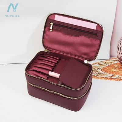 China NOVOTEL High Quality Genuine Saffiano Leather Cosmetic Double Layers Wash Bag Women PU Leather Cosmetic Bag for sale