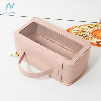 China New 2021 hottest women saffiano bag leather cosmetic travel make up box with TPU window for sale