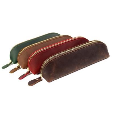 China Factory direct sale retro leather horse simple long zipper pencil case simple leather stationery bag school bag crazy zipper for sale