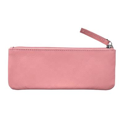 China Student Pencil Case Long Zipper Solid Color Leather Pencil Storage Bag Custom Stationery Bag for sale