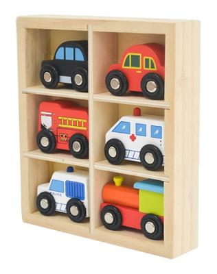 China Eco-Friendly Montessori Toy 6pcs Mini Wooden Train Cars Cabs Preschool Ambulance in Box for Kids Children Toddlers for sale