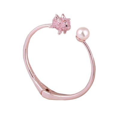 China Vintage Wholesale Kate Alloy Spade 18k Gold Plated Diamond Pink Flying Pig Pearl Open Bangle For Girlfriend Women Gift Party Jewelry for sale