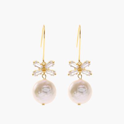 China Popular Freshwater Pearl Drop Earrings S925 Sterling Silver Butterfly Festival Baroque Yellow Gold Pearl Earrings for sale