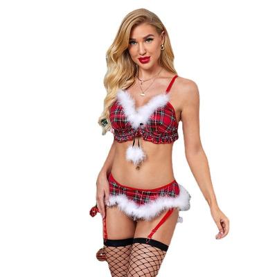 China Xms Breathable 3 Pieces Set Christmas Lingerie Sexy Uniform Babydoll Fishmesh Women Bra And Panties Female Wholesale Set for sale