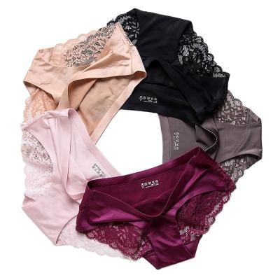 China Dropshipping M-2XL ladies sexy briefs lace seamless women's breathable panties plus size satin ice silk plus size women's underwear for sale