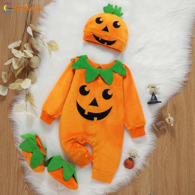 China New Baby Europe America Halloween Buckle Jumpsuit Pumpkin Long Sleeve Newborn Baby Hidden Rising Romper With Hat for sale