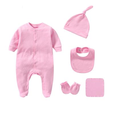 China Color Baby Clothes Set Antibacterial 100% Pure Cotton Romper Hat Bib And Mittens With Popular Style Customized for sale