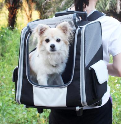 China Sustainable Outdoor Pet Travel Backpack Oxford Cloth Dog Trolley Case With Wheel for sale