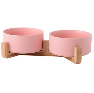 China Sustainable Wholesale Ceramic Pet Bowls Double Bamboo Stand Pet Bowls For Dogs And Cats for sale