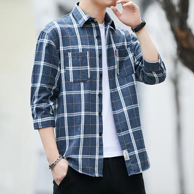 China 2021 New Anti-Wrinkle Mens Plaid Flannel Shirt Spring Autumn Male Regular Fit Casual 3/7 Sleeved Shirts Men Luxury Clothing for sale