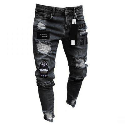 China New ripped thin pants 2021 men's breathable jeans embroidered leg men's small pants stretch badge jeans shape casual loose jeans for sale