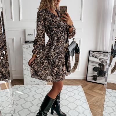 China Factory Wholesale Anti-Static Women Clothes Simple Daily Female 2021 Front Button Chiffon Shirt Dress Vestidos Vintage Leopard Print Dress for sale