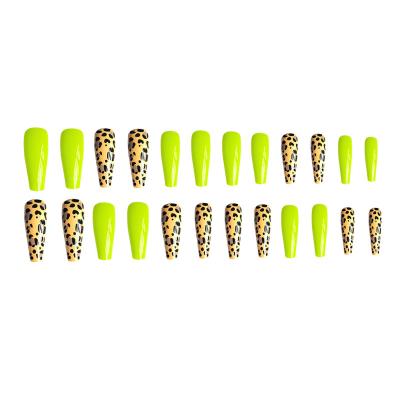 China Easy Apply European and American Fluorescent Yellow Leopard Nail Art Long Style Fake Nail Patch for sale