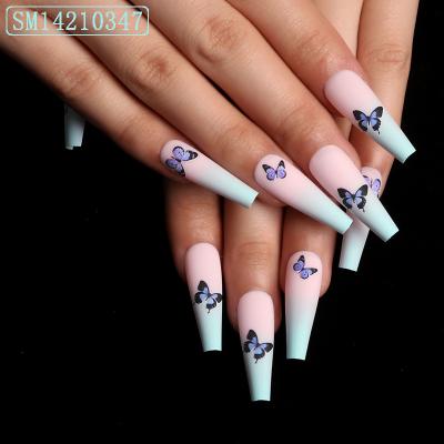 China Light Green Coffin Design Ballet Nail Art Gradient Butterfly Artificial Wearing Nail Piece Nails European Style for sale