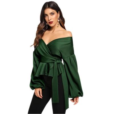 China YIRUO YR20 Balloon Sleeve Elegant Sexy Women QUICK DRY Long Top Off The Shoulder Tie Front Blouse for sale