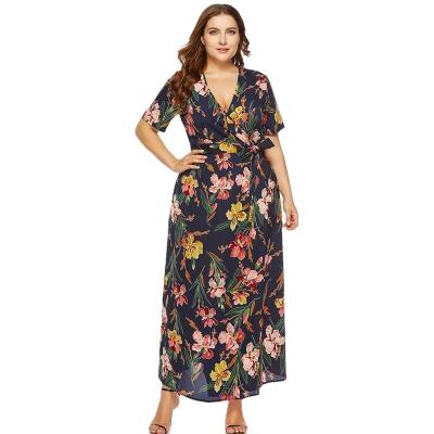 China Plus size 2021 plus size women's summer new beach skirt v-neck printed bohemian dress for sale