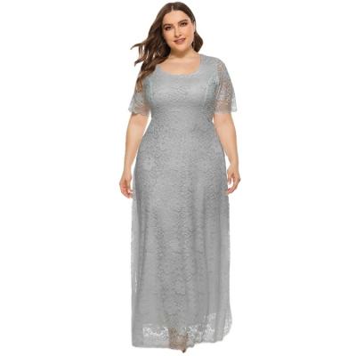 China Plus Size 2021 Plus Size Women's Summer New Long Sleeved Cavity Lace Equalizing Dress Skirt Dress for sale