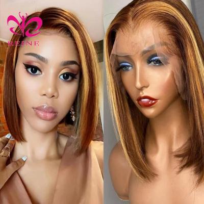 China Transparent Lace Front Wig Straight Bob Wig Brown Honey Blonde Short Straight Bob and Ombre Body Wave Highlight Wig 13x4 HD for sale