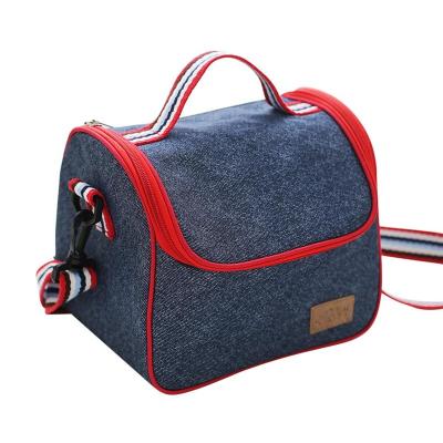 China Waterproof Aluminum Foil Cooler Bag With New Design Denim Blue Portable British Style Lunch Box Bag for sale