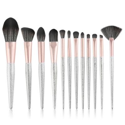 China Angular Blush New Silver Makeup Brush Portable 12 Makeup Brush Set Beauty Tools Scrub Eyeshadow Brush Set for sale