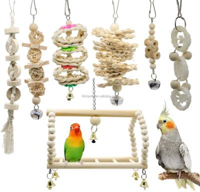 China Amazon Best Selling 7 Pcs Bird Toys Viable Parrot Swing Chewing Toys Natural Wooden Bell Bird Cage Hanging Toys For Parrot Cage for sale