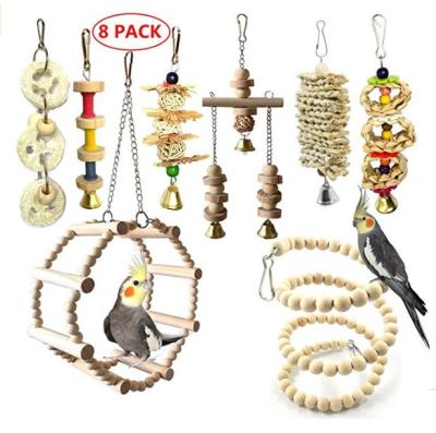 China 8Packs Viable Wooden Parrot Toy Bird Parrot Swing Chewing Bell Birdcage Toy-Hanging Toys Suitable For Small Parakeets for sale