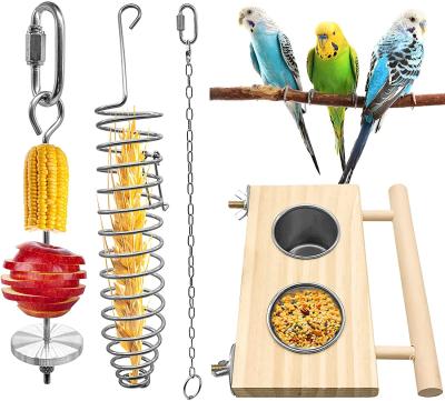 China Bird Viable Parrot Dish Feeding Cups with Wooden Platform, 4 Pieces Fruit Vegetable Feeder Stainless Steel Holder Bird Food for sale