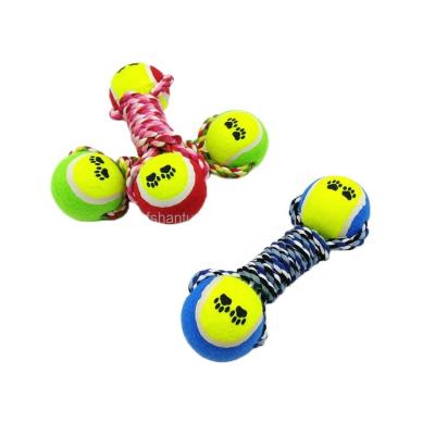 China Stocked Dog Toys Bone Shape With 2 Custom Colors Tennis Balls Training Toy Dog Chew Rope Tug Interactive Toys for sale