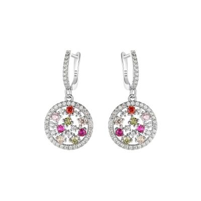 China CLASSIC 925 Silver Round Earrings Multi Colored CZ Stone Earring In Rhodium Plated for sale