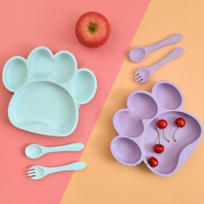 China Reusable Baby Silicone Cutlery Set Baby Suction Cup Integrated Baby Meal Bowl Bib Bowl Bowl Fork Feeding Spoon Set 5 Pieces for sale