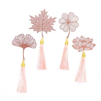 China Europe Chinese Style Maple Ginkgo Leaf And Metal Wholesale Rose Gold Bookmark With Clover Tassels for sale