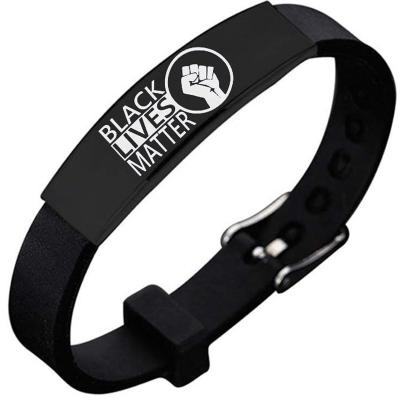 China Hot Sale Casual/Sporting Black Lives Matter Bracelet Stainless Steel Charm Silicone Wristband for sale