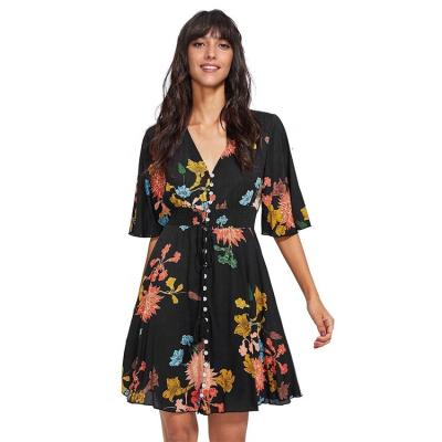 China Anti-wrinkle Amazon hot sale floral printing type and striped pattern casual dresses type style summer women dresses for sale