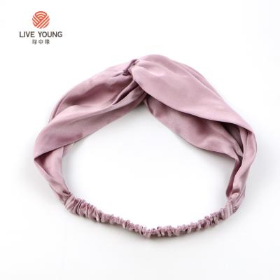 China Silk Knotted Pink Logo Headband Satin Round Hair Bands Fashion Cross Hair Wrap Custom Hair Accessories for sale