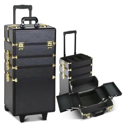 China Large Capacity Golden Metal Hard Corner Black Makeup Trolley Cosmetic Box Case for sale