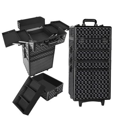 China Empty Makeup Case Large Capacity Diamond Pattern Black Trolley Cosmetic Case Professional Makeup Box for sale