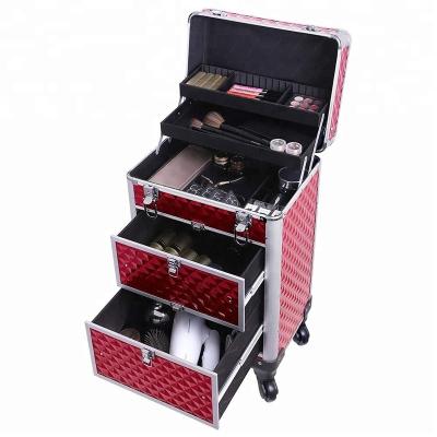 China Large Capacity Trolley MakeupTrain Aluminum Case With Large Sliding Drawers for sale